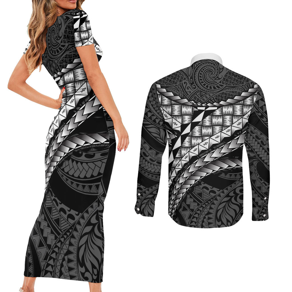 Hawaii Lauhala Tattoo Couples Matching Short Sleeve Bodycon Dress and Long Sleeve Button Shirt Hawaiian Hala Leaf Weaving