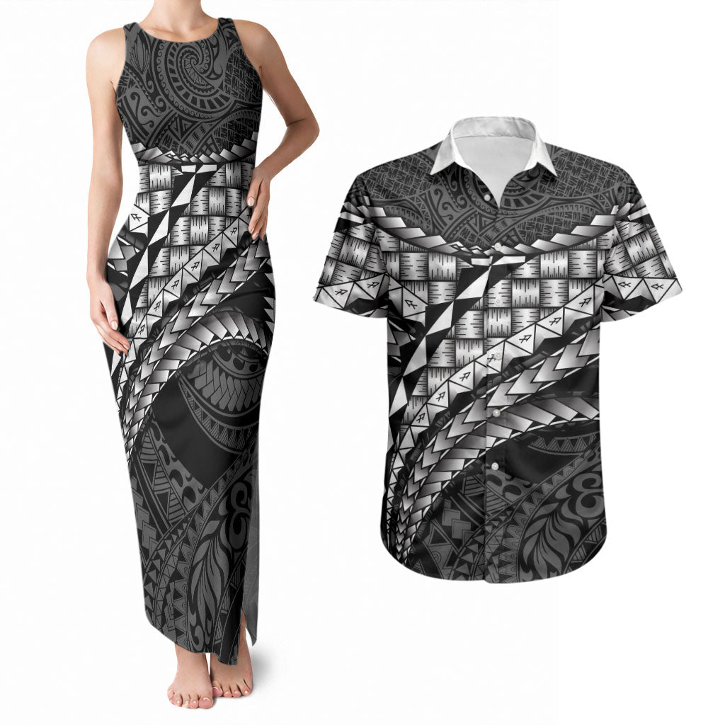 Hawaii Lauhala Tattoo Couples Matching Tank Maxi Dress and Hawaiian Shirt Hawaiian Hala Leaf Weaving LT14 Black - Polynesian Pride