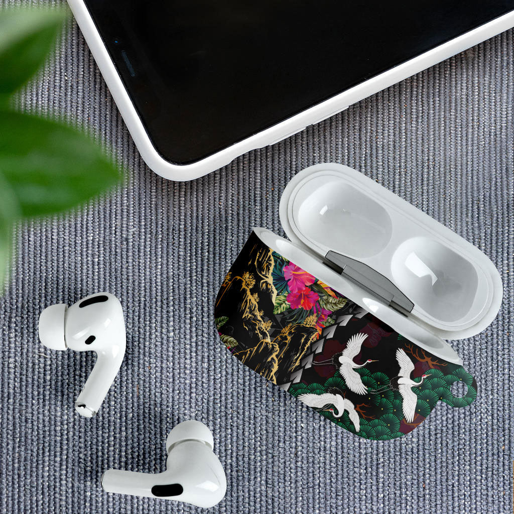 Hawaiian and Japanese Culture AirPods Case Crane Sakura Hibiscus Tropical Vibes