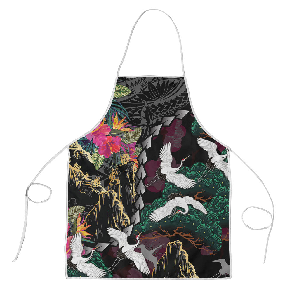 Hawaiian and Japanese Culture Apron Crane Sakura Hibiscus Tropical Vibes LT14 Black - Polynesian Pride