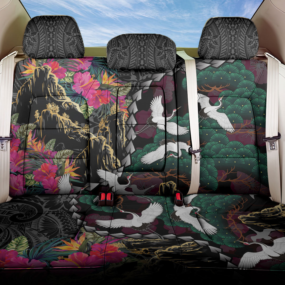 Hawaiian and Japanese Culture Back Car Seat Cover Crane Sakura Hibiscus Tropical Vibes