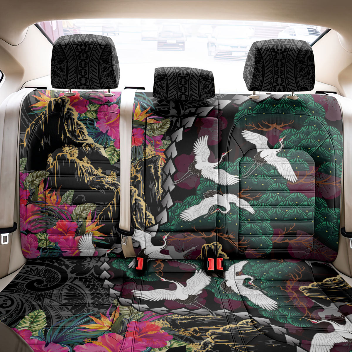 Hawaiian and Japanese Culture Back Car Seat Cover Crane Sakura Hibiscus Tropical Vibes