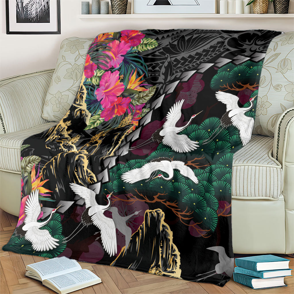 Hawaiian and Japanese Culture Blanket Crane Sakura Hibiscus Tropical Vibes