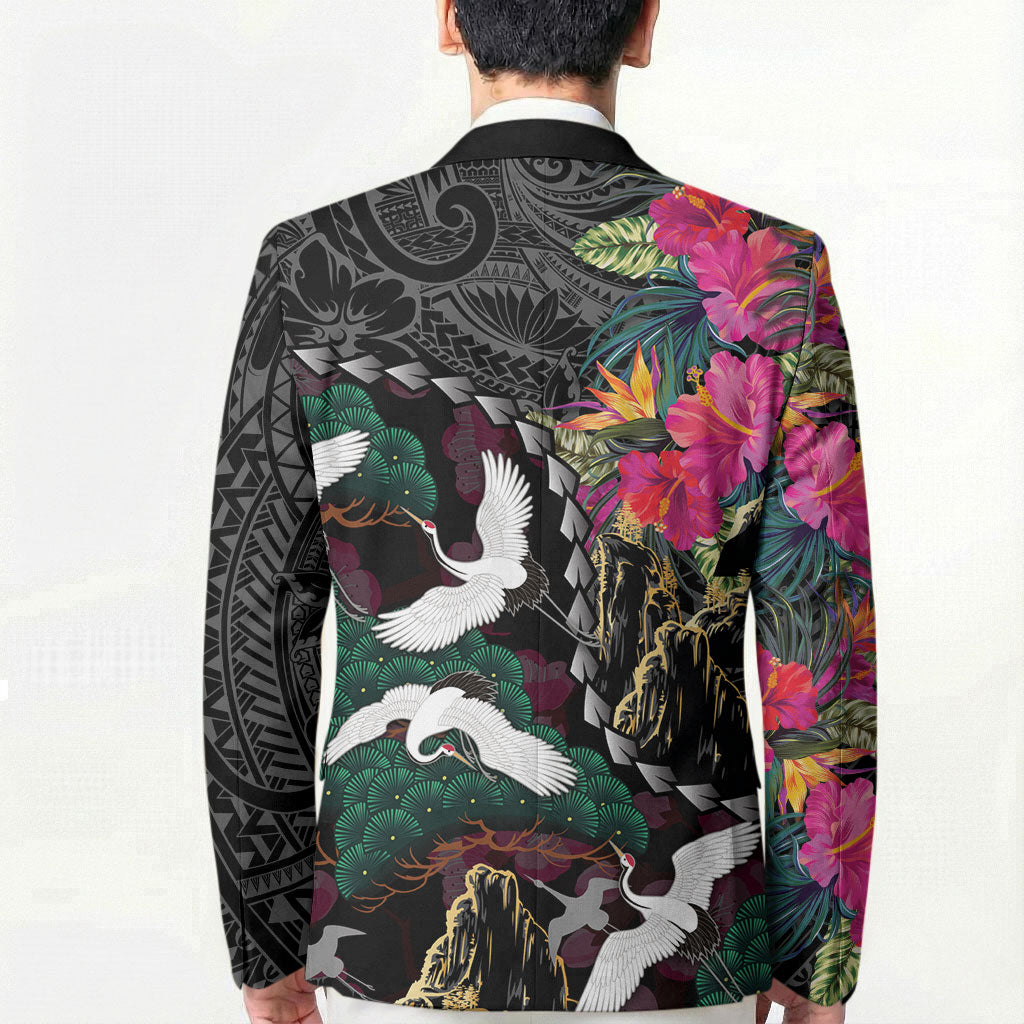 Hawaiian and Japanese Culture Blazer Crane Sakura Hibiscus Tropical Vibes