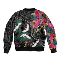 Hawaiian and Japanese Culture Bomber Jacket Crane Sakura Hibiscus Tropical Vibes