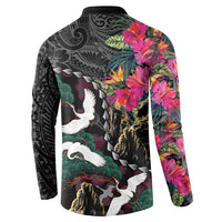Hawaiian and Japanese Culture Button Sweatshirt Crane Sakura Hibiscus Tropical Vibes