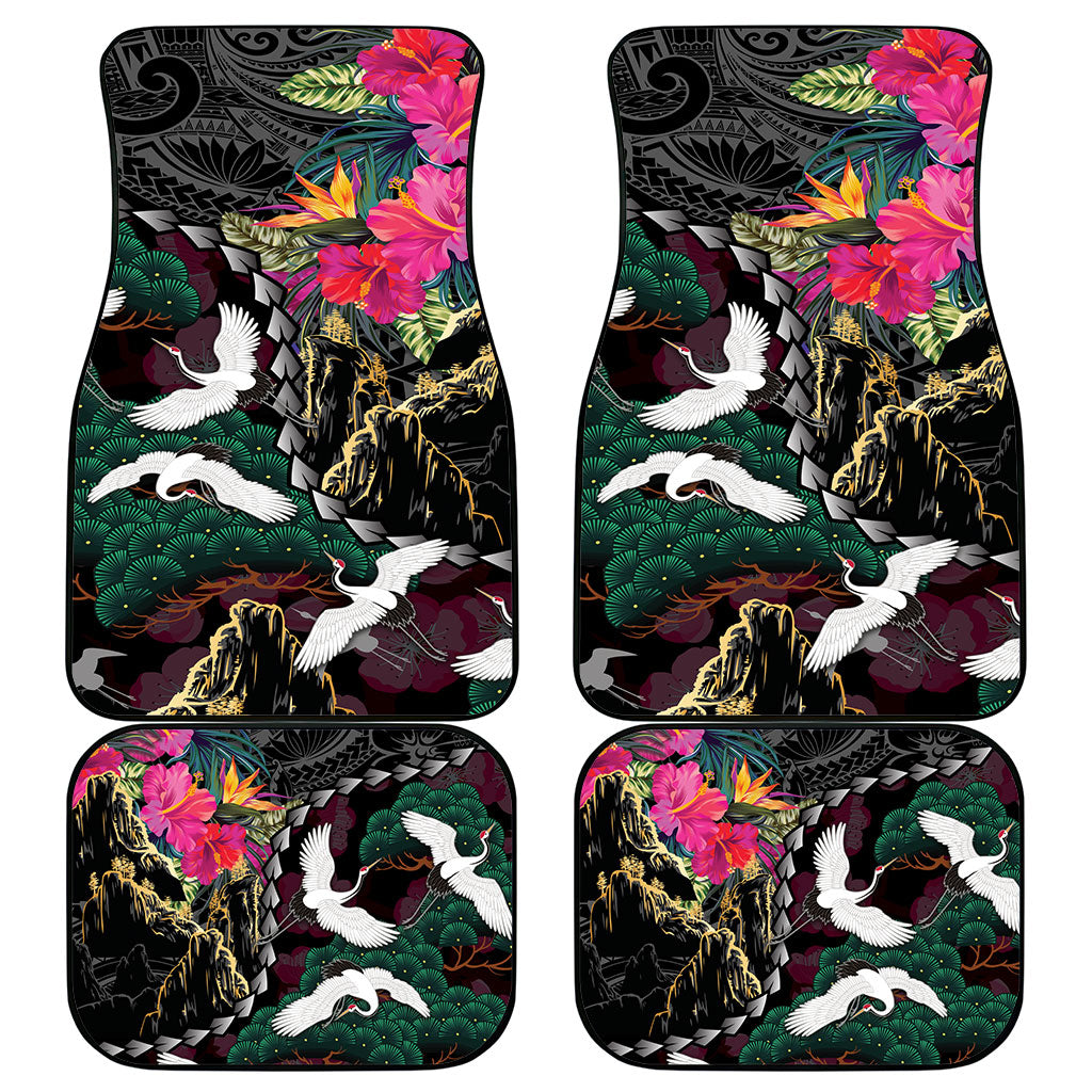 Hawaiian and Japanese Culture Car Mats Crane Sakura Hibiscus Tropical Vibes