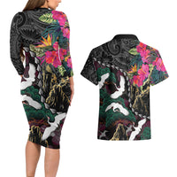 Hawaiian and Japanese Culture Couples Matching Long Sleeve Bodycon Dress and Hawaiian Shirt Crane Sakura Hibiscus Tropical Vibes