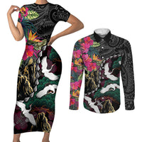 Hawaiian and Japanese Culture Couples Matching Short Sleeve Bodycon Dress and Long Sleeve Button Shirt Crane Sakura Hibiscus Tropical Vibes