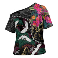 Hawaiian and Japanese Culture Cross Shoulder Shirt Crane Sakura Hibiscus Tropical Vibes