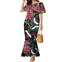 Hawaiian and Japanese Culture Family Matching Mermaid Dress and Hawaiian Shirt Crane Sakura Hibiscus Tropical Vibes LT14 Mom's Dress Black - Polynesian Pride