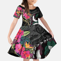 Hawaiian and Japanese Culture Family Matching Off The Shoulder Long Sleeve Dress and Hawaiian Shirt Crane Sakura Hibiscus Tropical Vibes LT14 Daughter's Dress Black - Polynesian Pride