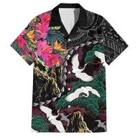 Hawaiian and Japanese Culture Family Matching Off Shoulder Maxi Dress and Hawaiian Shirt Crane Sakura Hibiscus Tropical Vibes LT14 Dad's Shirt - Short Sleeve Black - Polynesian Pride