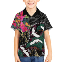 Hawaiian and Japanese Culture Family Matching Off Shoulder Maxi Dress and Hawaiian Shirt Crane Sakura Hibiscus Tropical Vibes LT14 Son's Shirt Black - Polynesian Pride