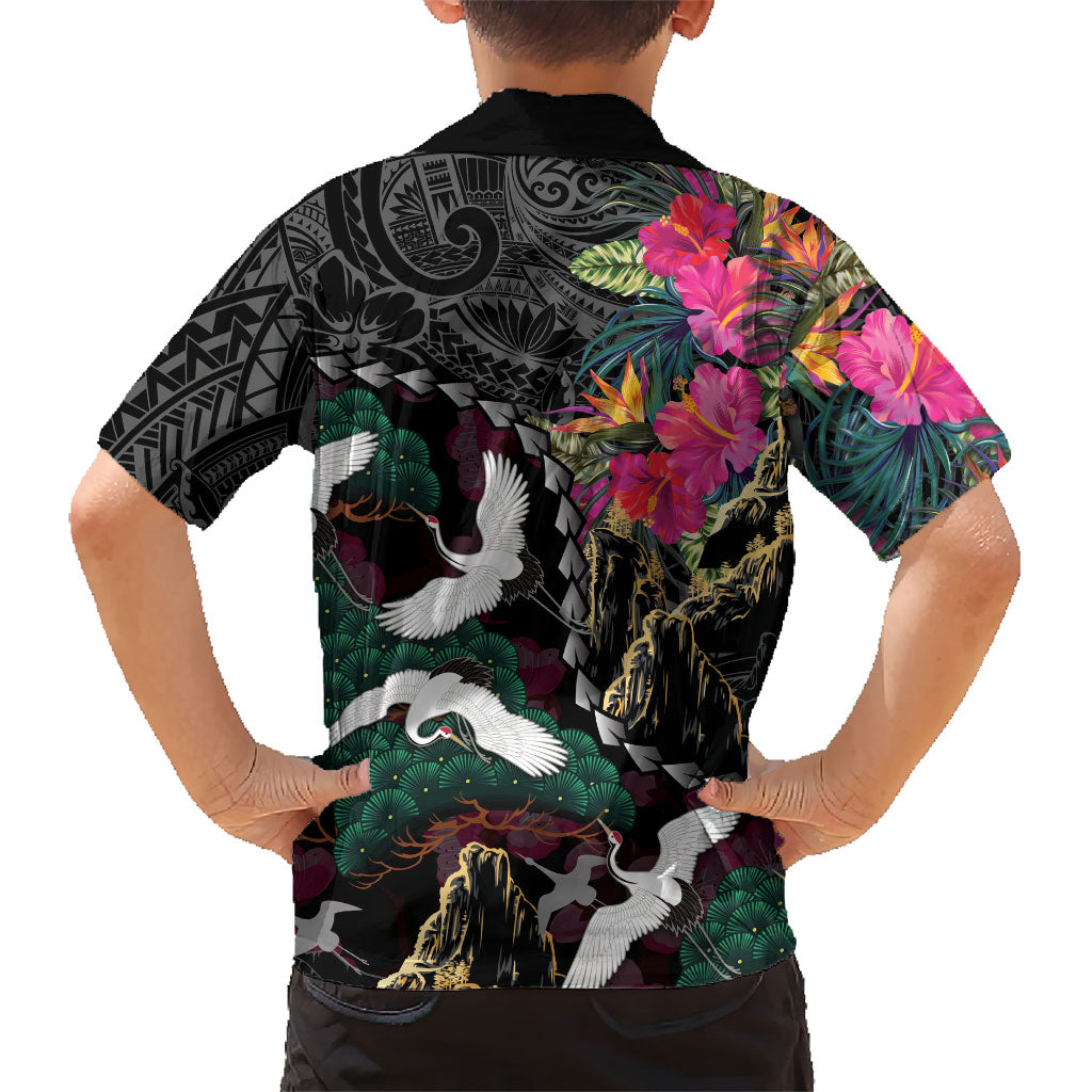 Hawaiian and Japanese Culture Family Matching Off Shoulder Short Dress and Hawaiian Shirt Crane Sakura Hibiscus Tropical Vibes LT14 - Polynesian Pride