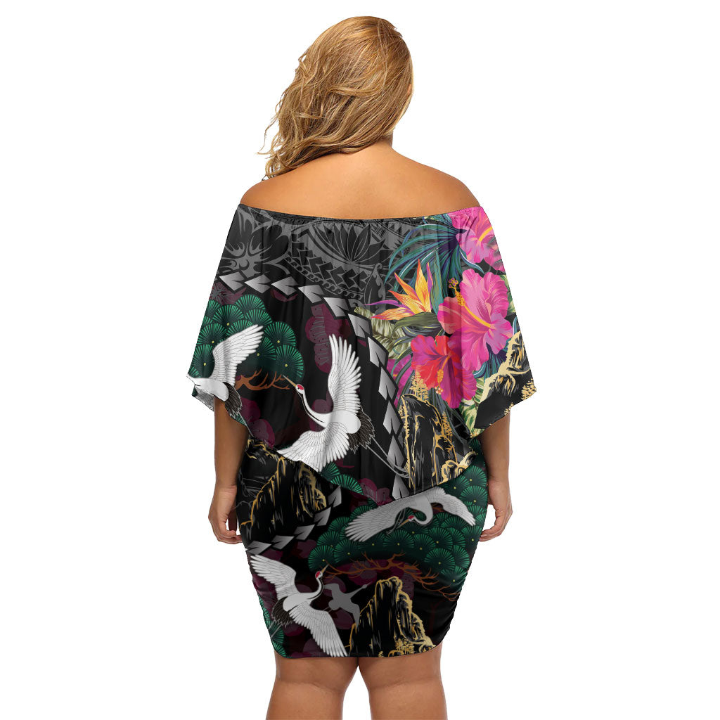 Hawaiian and Japanese Culture Family Matching Off Shoulder Short Dress and Hawaiian Shirt Crane Sakura Hibiscus Tropical Vibes LT14 - Polynesian Pride