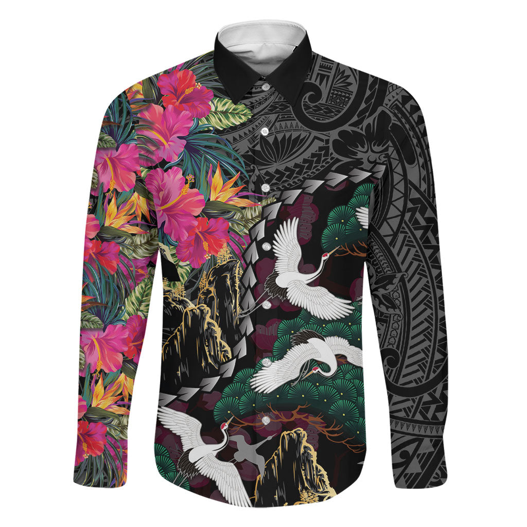 Hawaiian and Japanese Culture Family Matching Puletasi and Hawaiian Shirt Crane Sakura Hibiscus Tropical Vibes LT14 Dad's Shirt - Long Sleeve Black - Polynesian Pride