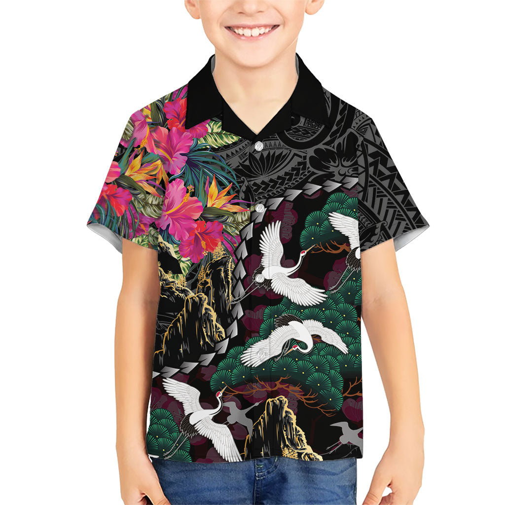 Hawaiian and Japanese Culture Family Matching Puletasi and Hawaiian Shirt Crane Sakura Hibiscus Tropical Vibes LT14 Son's Shirt Black - Polynesian Pride