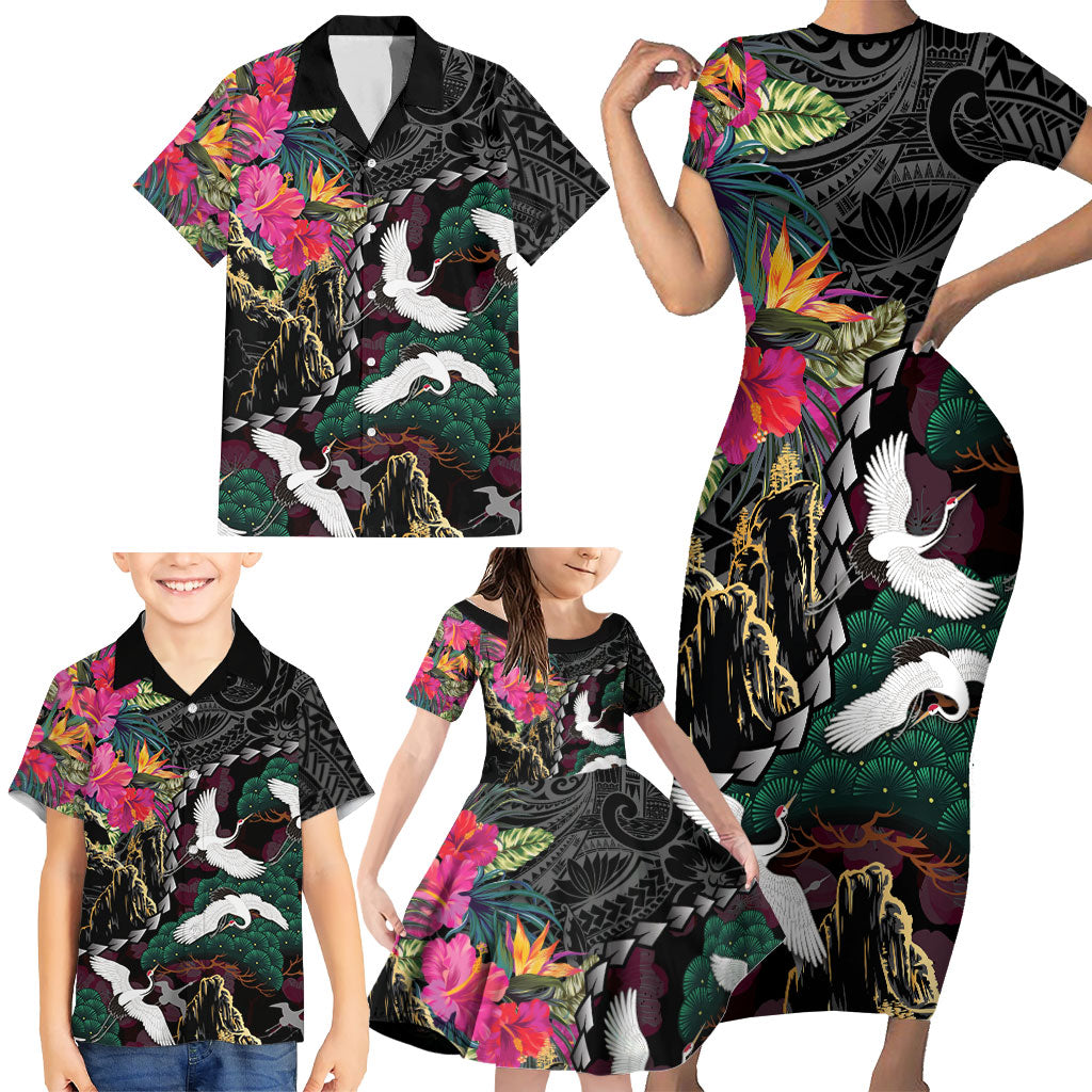 Hawaiian and Japanese Culture Family Matching Short Sleeve Bodycon Dress and Hawaiian Shirt Crane Sakura Hibiscus Tropical Vibes LT14 - Polynesian Pride