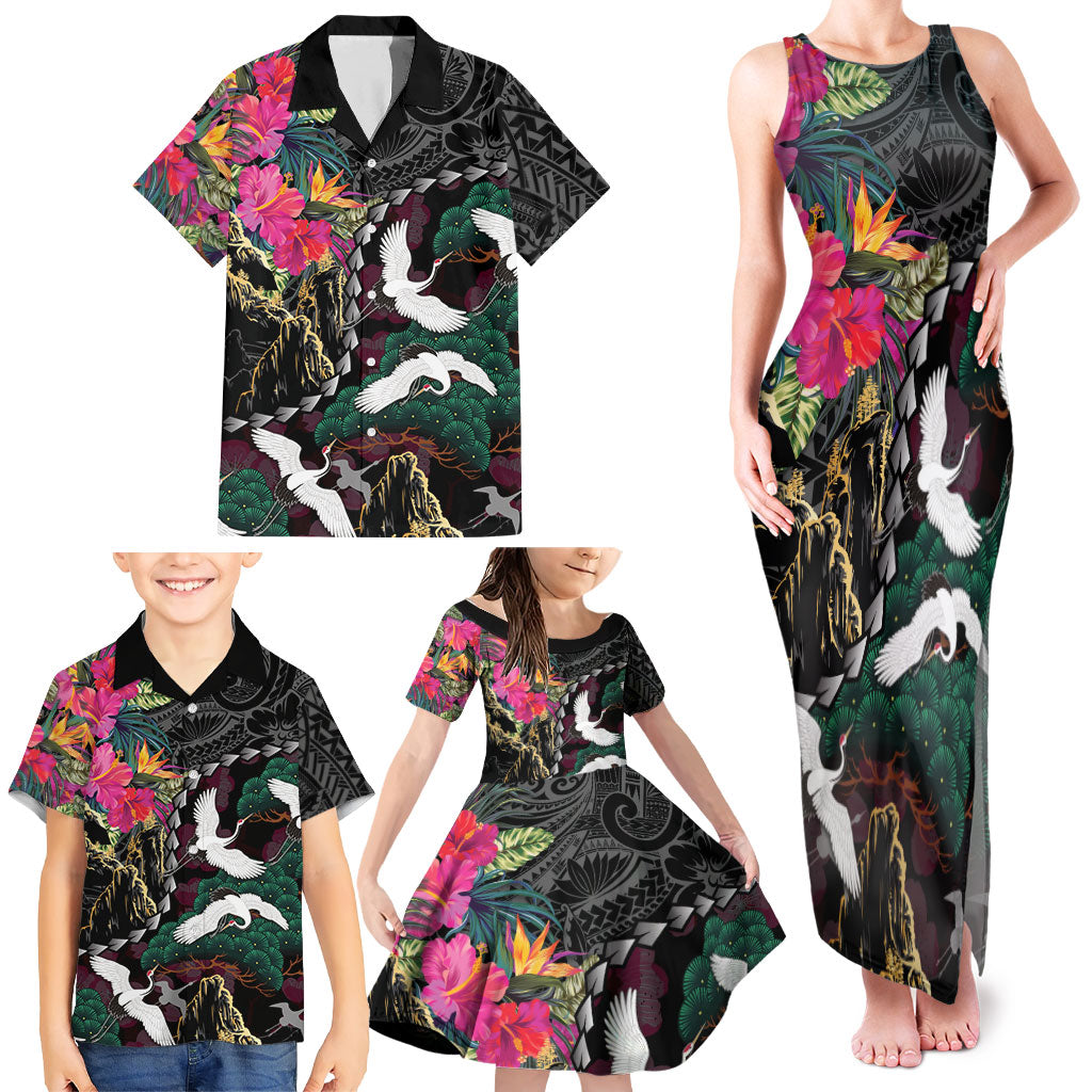 Hawaiian and Japanese Culture Family Matching Tank Maxi Dress and Hawaiian Shirt Crane Sakura Hibiscus Tropical Vibes LT14 - Polynesian Pride