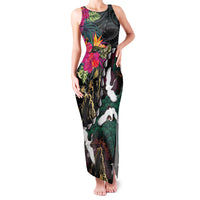 Hawaiian and Japanese Culture Family Matching Tank Maxi Dress and Hawaiian Shirt Crane Sakura Hibiscus Tropical Vibes LT14 Mom's Dress Black - Polynesian Pride