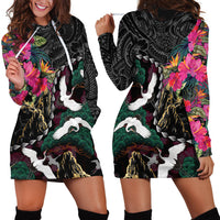 Hawaiian and Japanese Culture Hoodie Dress Crane Sakura Hibiscus Tropical Vibes