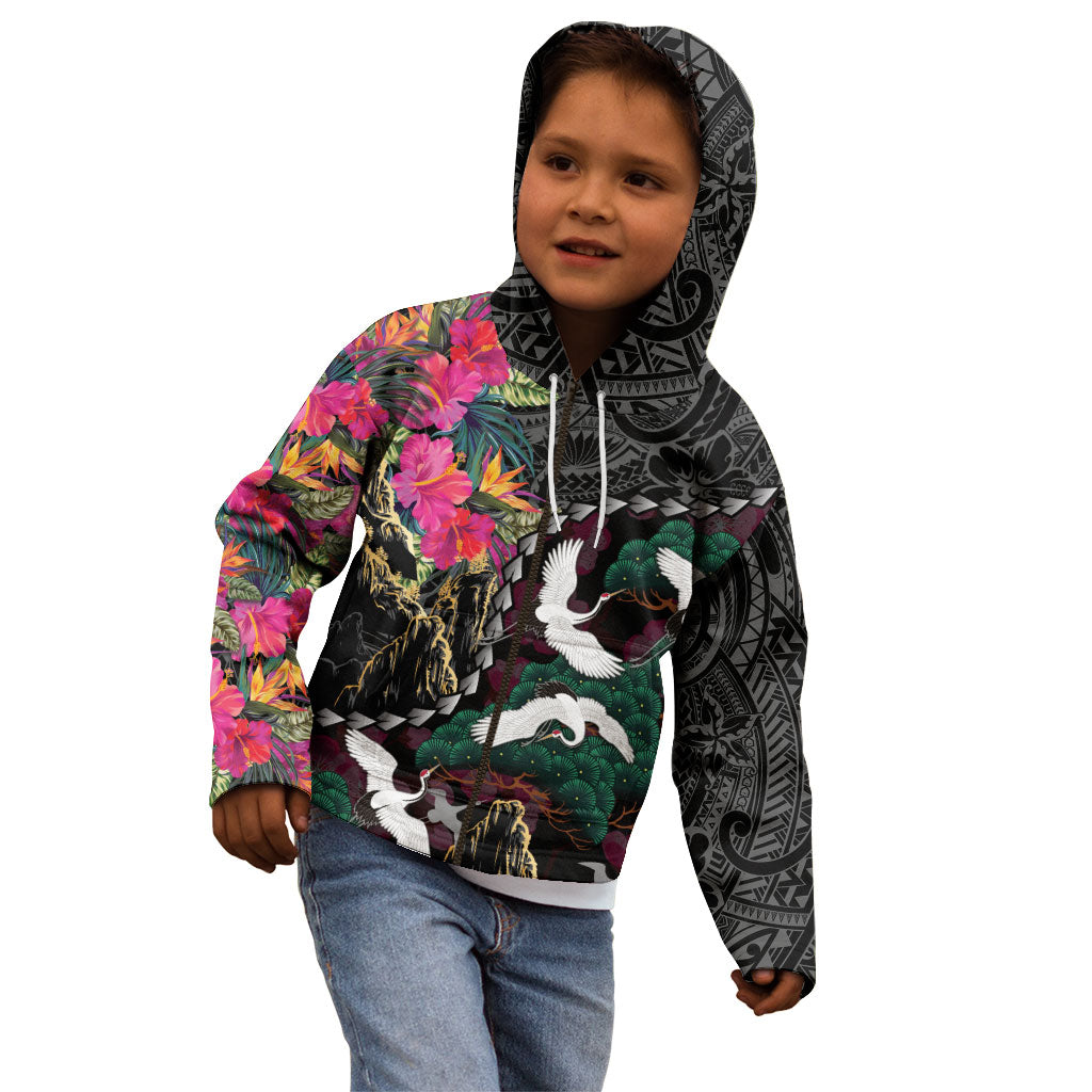 Hawaiian and Japanese Culture Kid Hoodie Crane Sakura Hibiscus Tropical Vibes