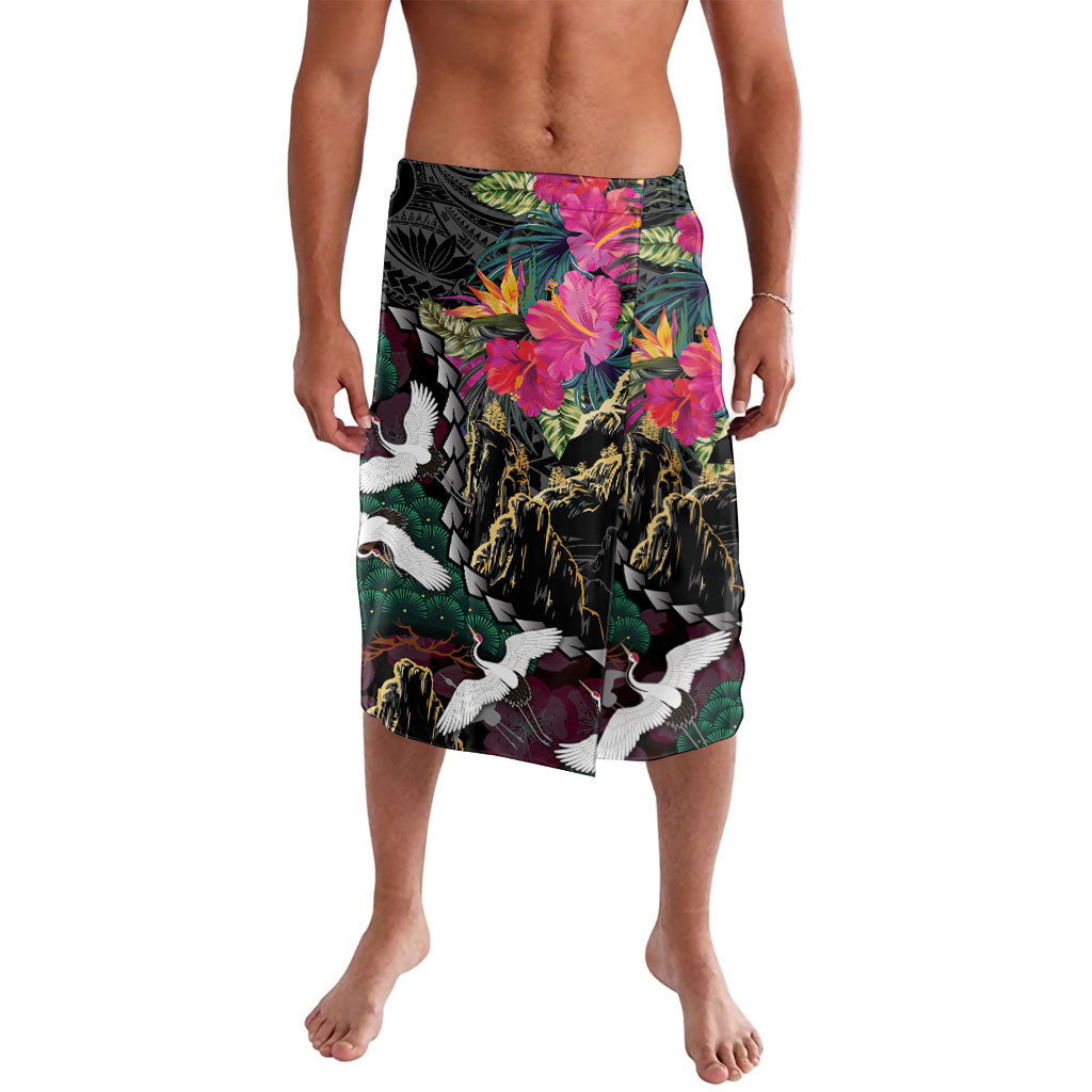 Hawaiian and Japanese Culture Lavalava Crane Sakura Hibiscus Tropical Vibes LT14 Black - Polynesian Pride
