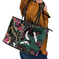 Hawaiian and Japanese Culture Leather Tote Bag Crane Sakura Hibiscus Tropical Vibes