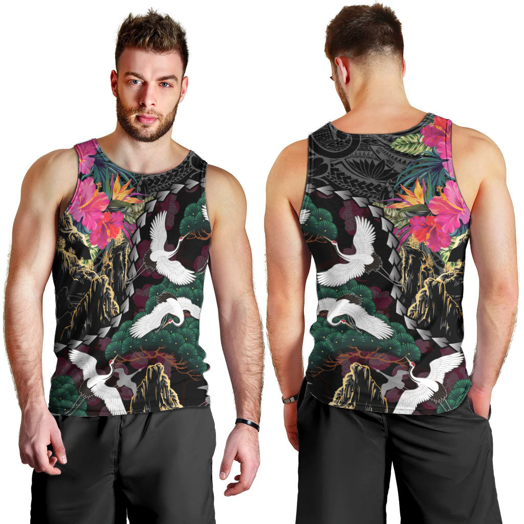 Hawaiian and Japanese Culture Men Tank Top Crane Sakura Hibiscus Tropical Vibes