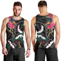 Hawaiian and Japanese Culture Men Tank Top Crane Sakura Hibiscus Tropical Vibes