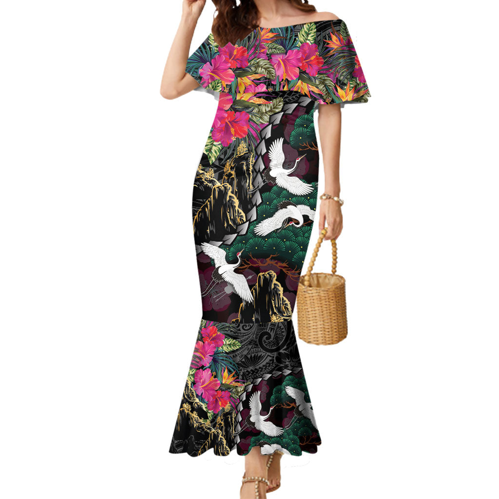 Hawaiian and Japanese Culture Mermaid Dress Crane Sakura Hibiscus Tropical Vibes