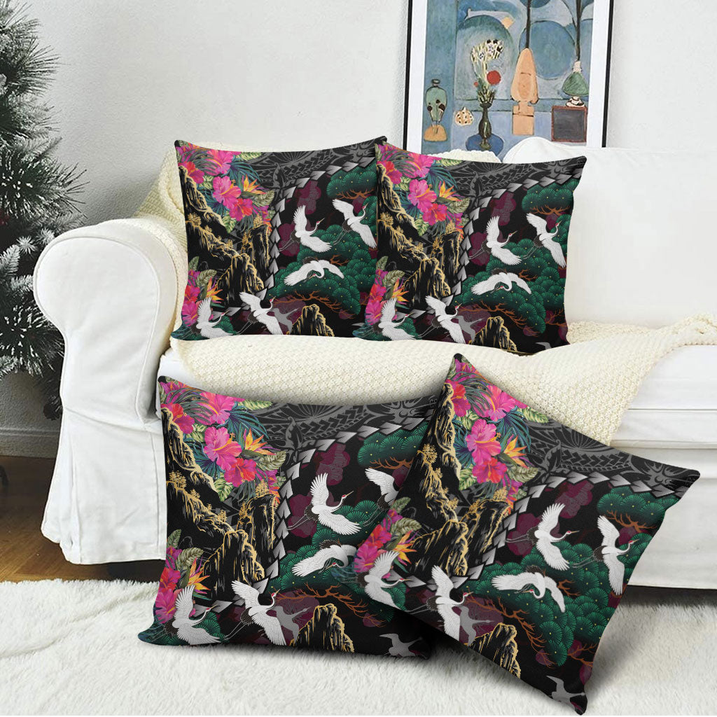 Hawaiian and Japanese Culture Pillow Cover Crane Sakura Hibiscus Tropical Vibes