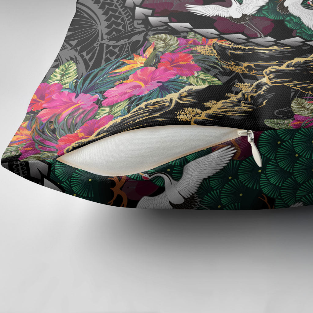 Hawaiian and Japanese Culture Pillow Cover Crane Sakura Hibiscus Tropical Vibes