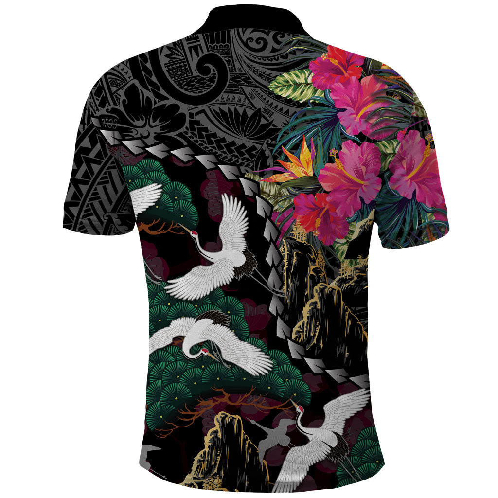 Hawaiian and Japanese Culture Polo Shirt Crane Sakura Hibiscus Tropical Vibes