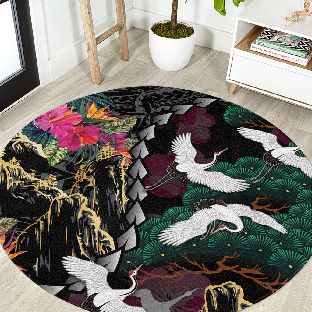 Hawaiian and Japanese Culture Round Carpet Crane Sakura Hibiscus Tropical Vibes