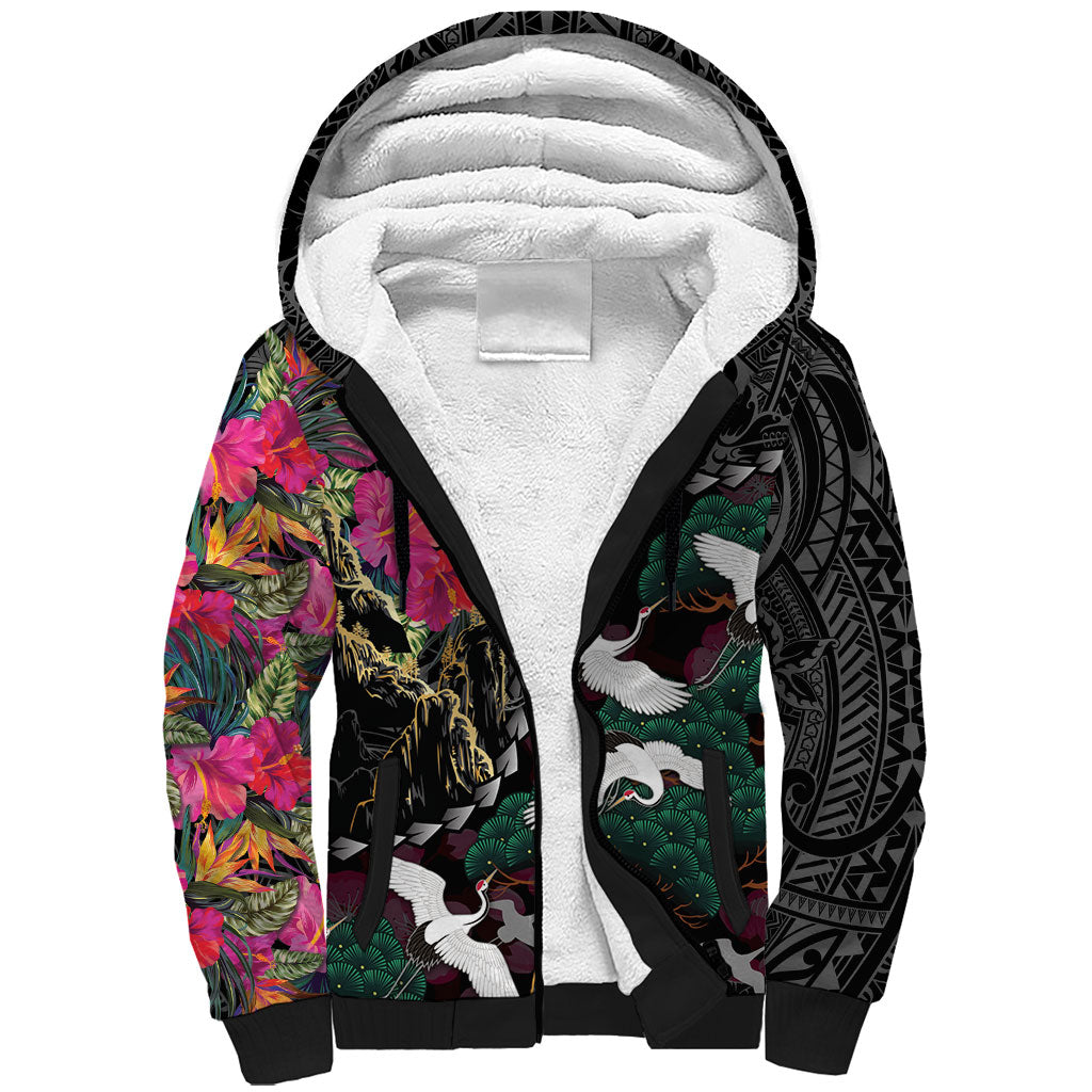 Hawaiian and Japanese Culture Sherpa Hoodie Crane Sakura Hibiscus Tropical Vibes