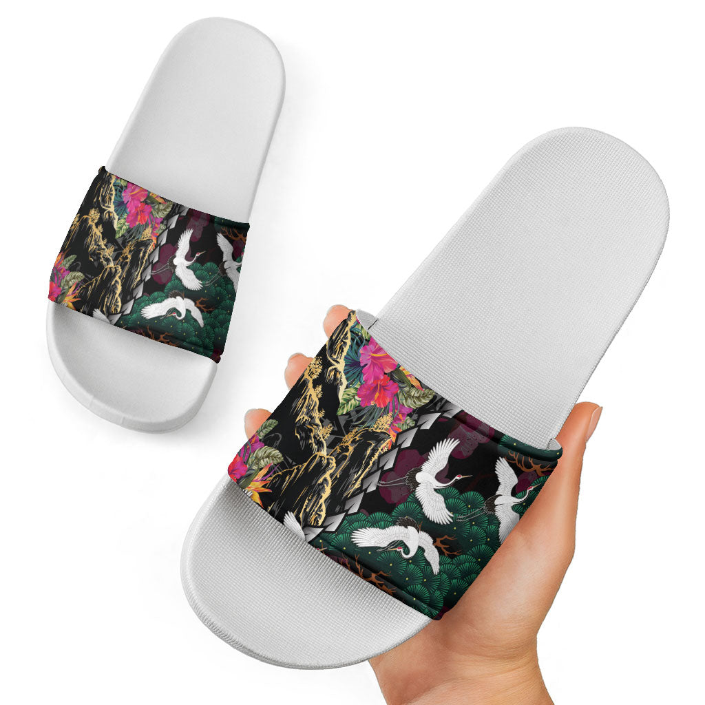 Hawaiian and Japanese Culture Slide Sandals Crane Sakura Hibiscus Tropical Vibes