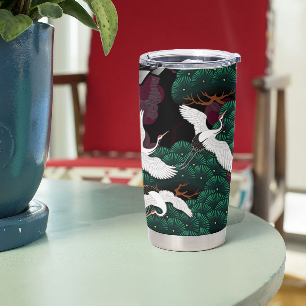 Hawaiian and Japanese Culture Tumbler Cup Crane Sakura Hibiscus Tropical Vibes