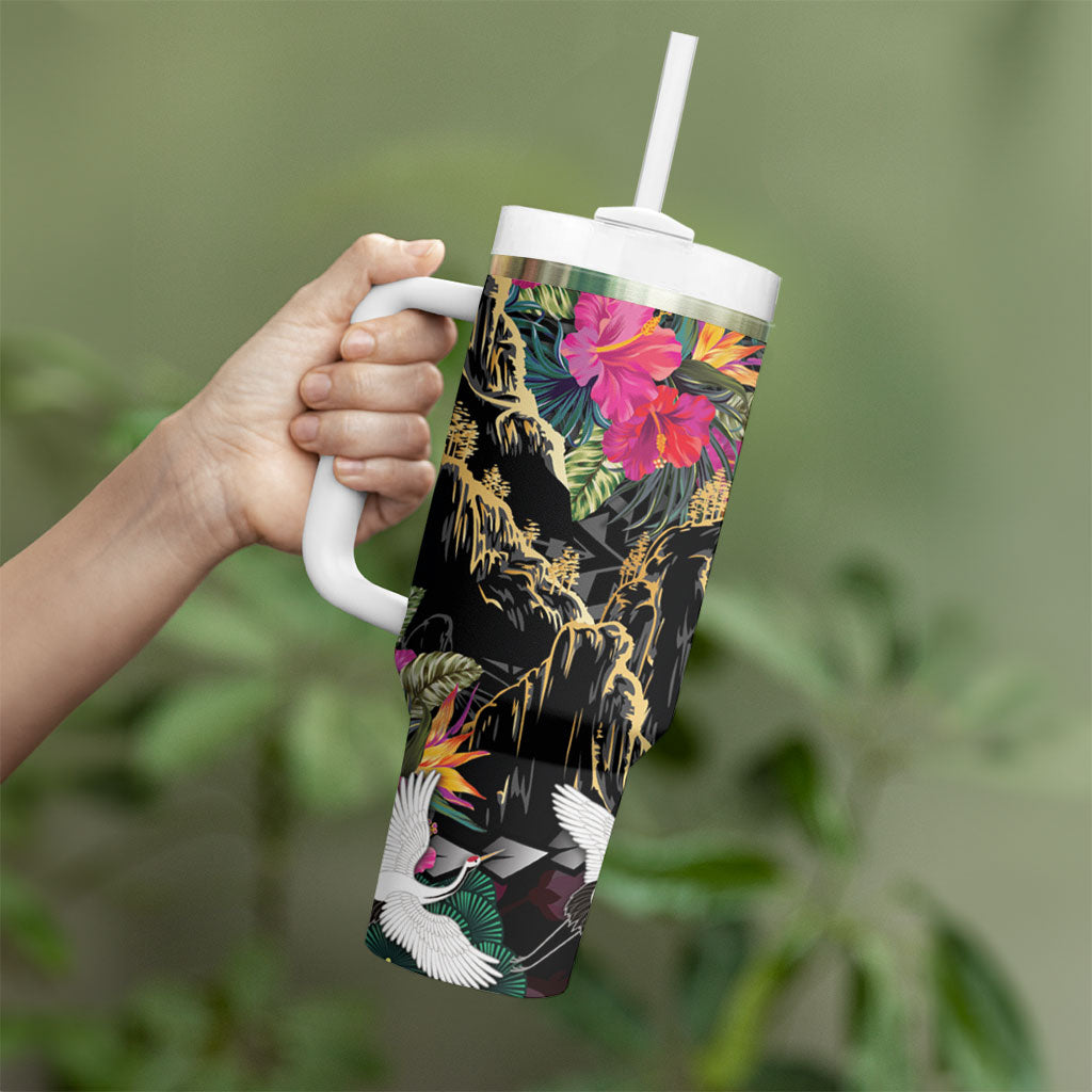 Hawaiian and Japanese Culture Tumbler With Handle Crane Sakura Hibiscus Tropical Vibes