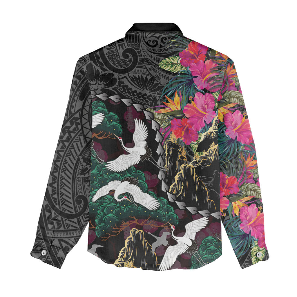 Hawaiian and Japanese Culture Women Casual Shirt Crane Sakura Hibiscus Tropical Vibes