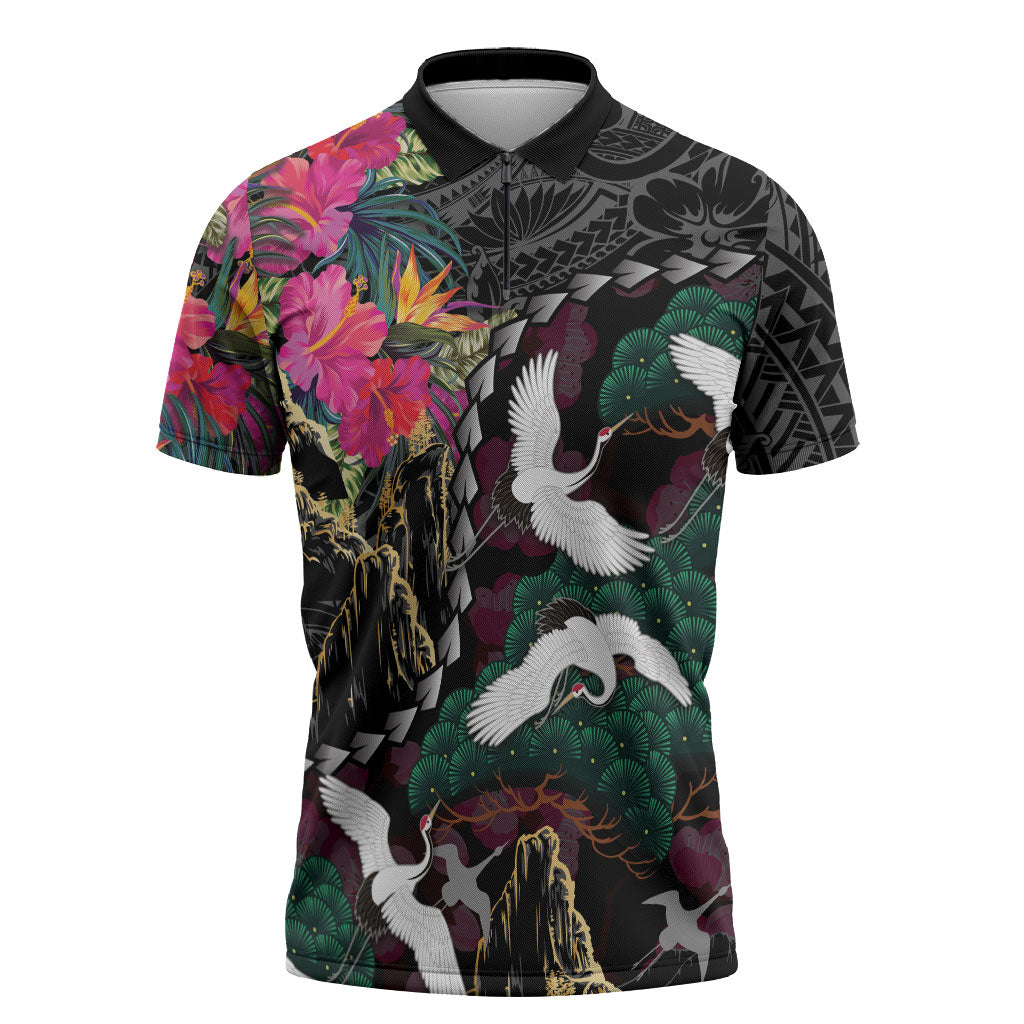 Hawaiian and Japanese Culture Zipper Polo Shirt Crane Sakura Hibiscus Tropical Vibes