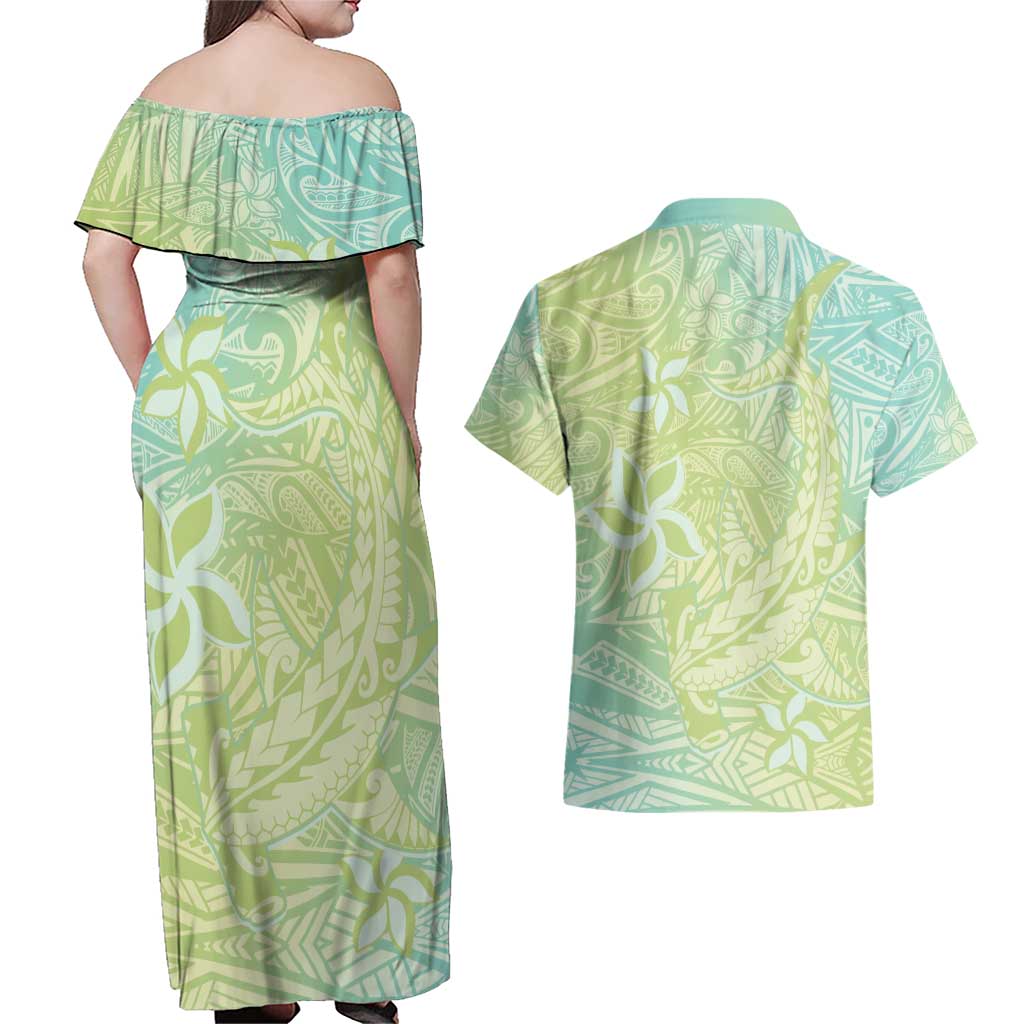 Baby Green Gradient Polynesia Couples Matching Off Shoulder Maxi Dress and Hawaiian Shirt Hawaiian Tribal Hammerhead Shark Tattoo
