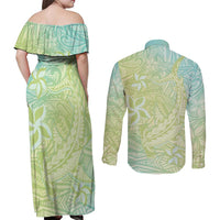 Baby Green Gradient Polynesia Couples Matching Off Shoulder Maxi Dress and Long Sleeve Button Shirt Hawaiian Tribal Hammerhead Shark Tattoo