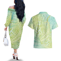 Baby Green Gradient Polynesia Couples Matching Off The Shoulder Long Sleeve Dress and Hawaiian Shirt Hawaiian Tribal Hammerhead Shark Tattoo