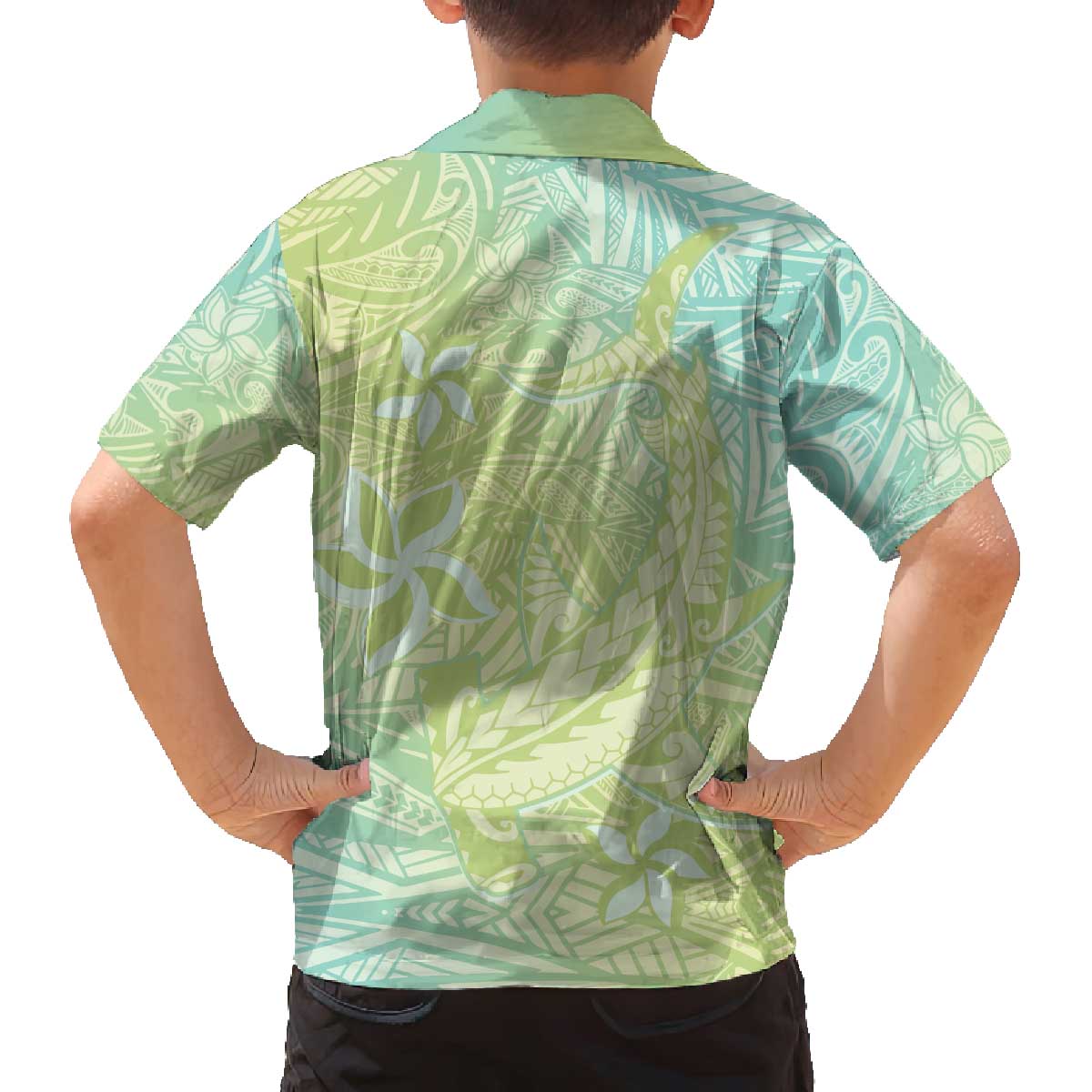 Baby Green Gradient Polynesia Family Matching Off Shoulder Short Dress and Hawaiian Shirt Hawaiian Tribal Hammerhead Shark Tattoo LT14 - Polynesian Pride