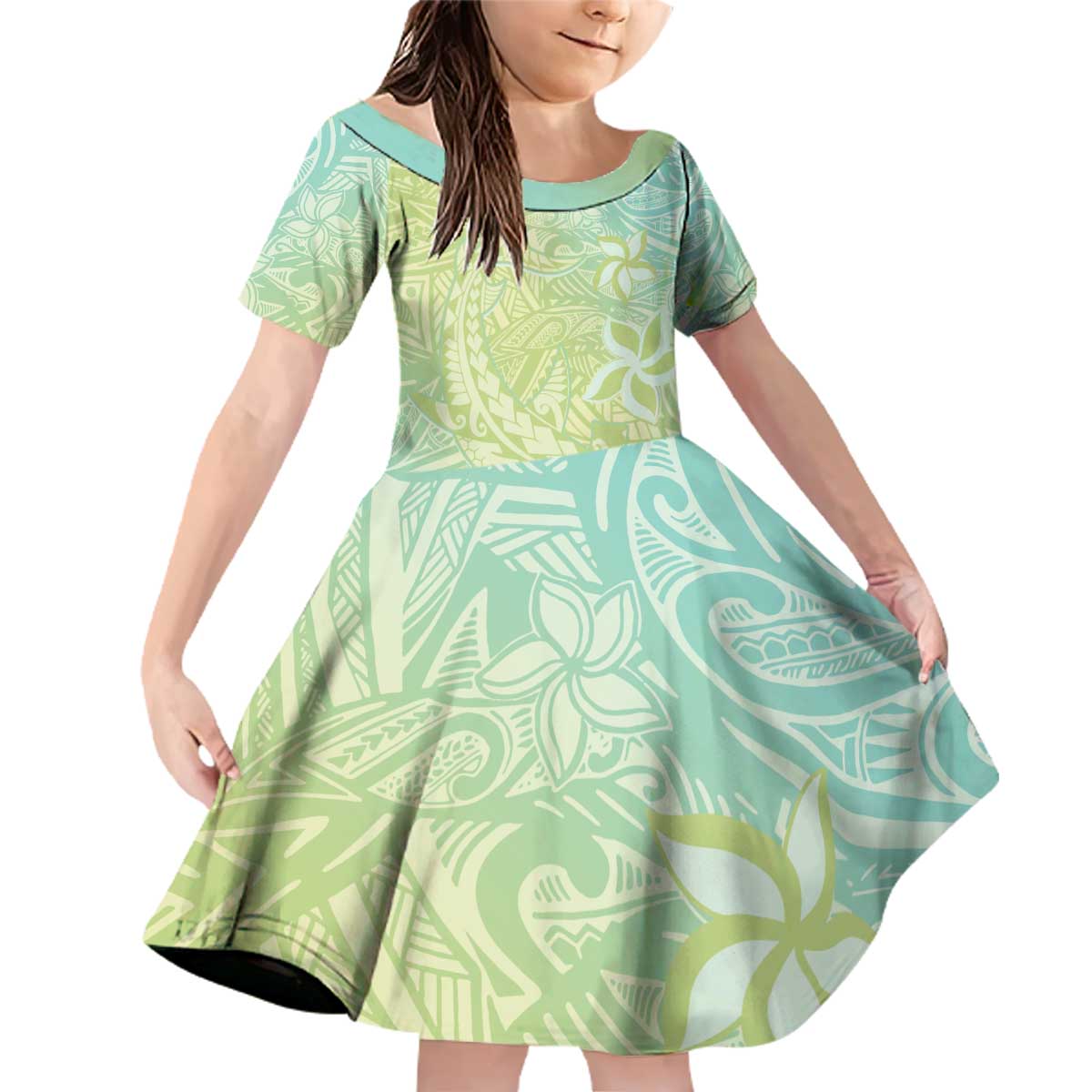 Baby Green Gradient Polynesia Family Matching Off Shoulder Short Dress and Hawaiian Shirt Hawaiian Tribal Hammerhead Shark Tattoo LT14 Daughter's Dress Baby Green - Polynesian Pride