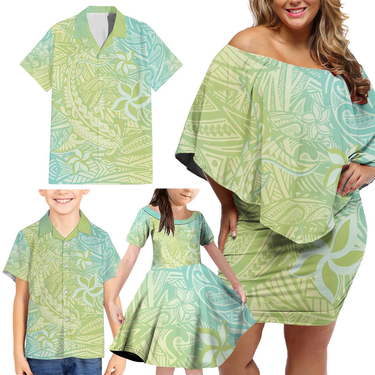 Baby Green Gradient Polynesia Family Matching Off Shoulder Short Dress and Hawaiian Shirt Hawaiian Tribal Hammerhead Shark Tattoo LT14 - Polynesian Pride