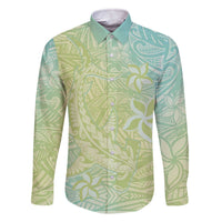 Baby Green Gradient Polynesia Family Matching Off Shoulder Short Dress and Hawaiian Shirt Hawaiian Tribal Hammerhead Shark Tattoo LT14 Dad's Shirt - Long Sleeve Baby Green - Polynesian Pride