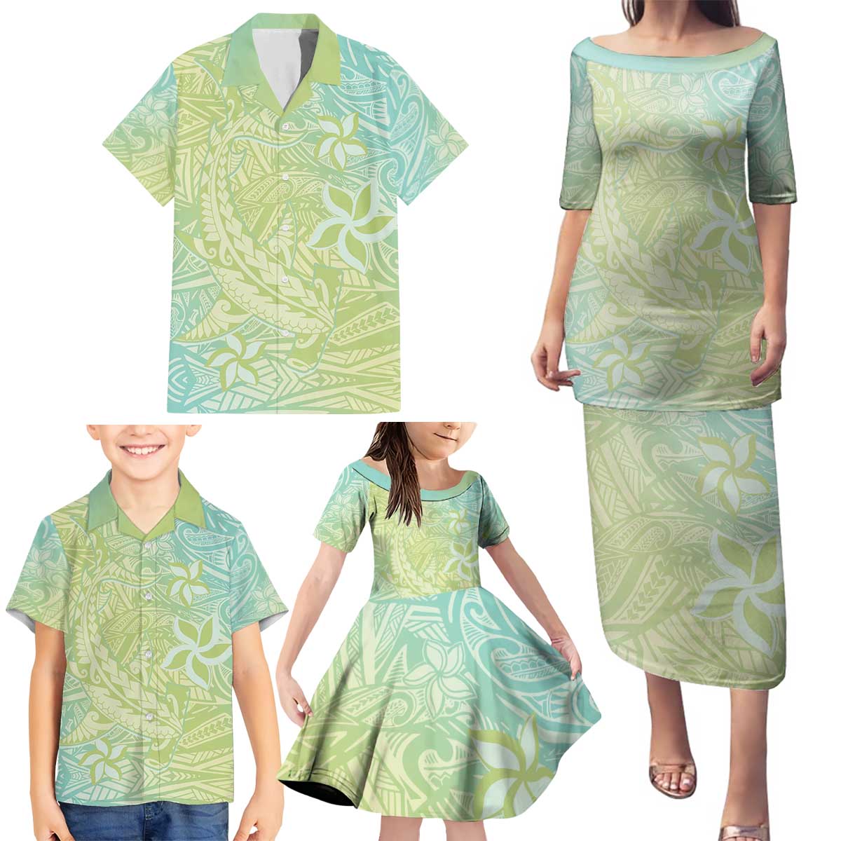 Baby Green Gradient Polynesia Family Matching Puletasi and Hawaiian Shirt Hawaiian Tribal Hammerhead Shark Tattoo LT14 - Polynesian Pride
